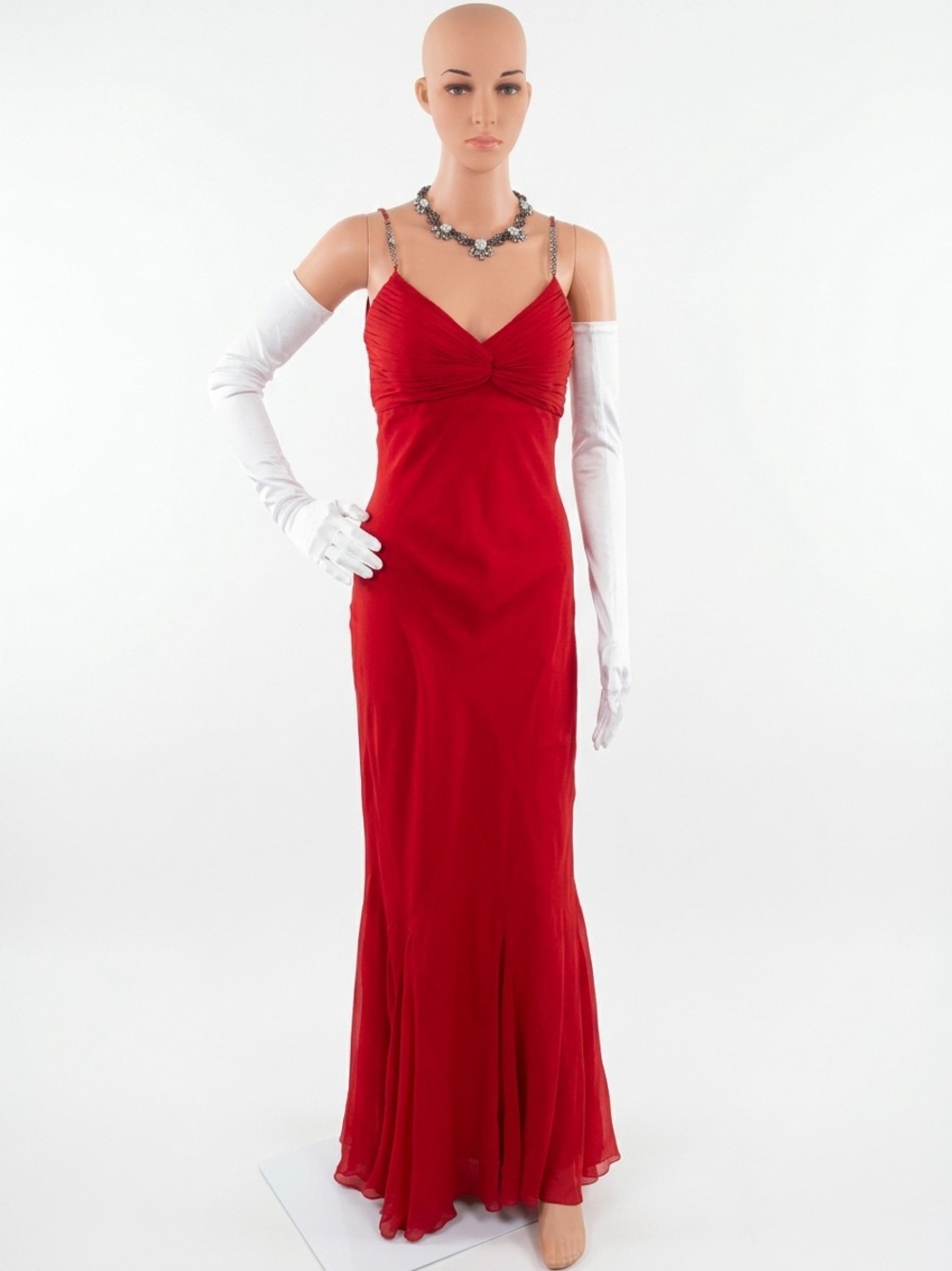 Vintage Cache Red Silk Chiffon Evening Gown with Embellished Straps & Ruching